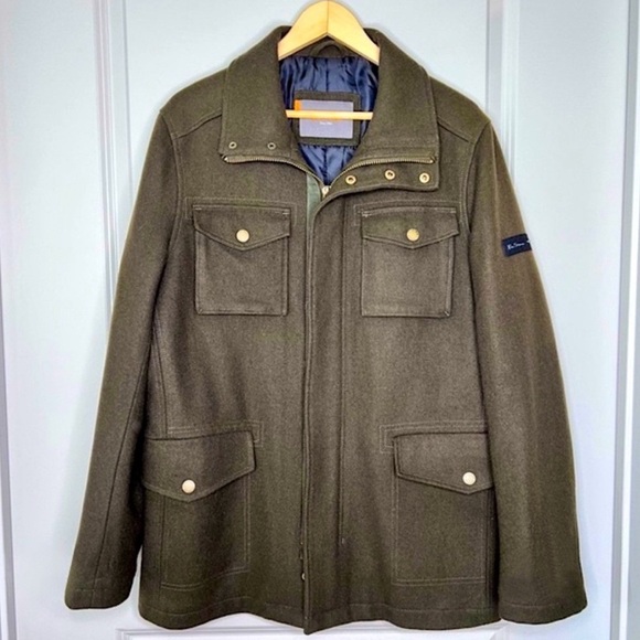 BEN SHERMAN Wool Blend Military Style Olive Army Green Melton Field Coat Large - Picture 1 of 17